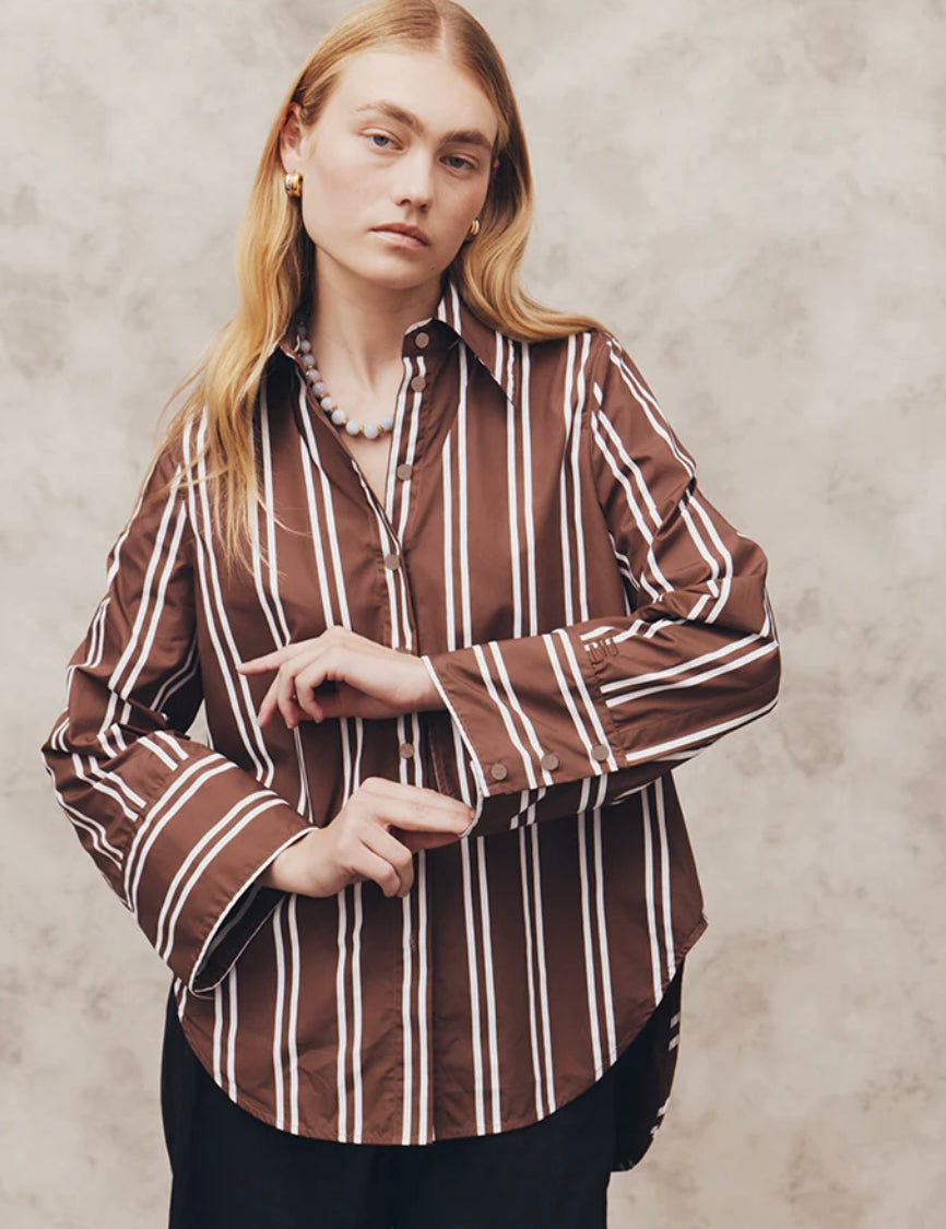 Brown and white stripe shirt blanca at clothlifestyle boutique 