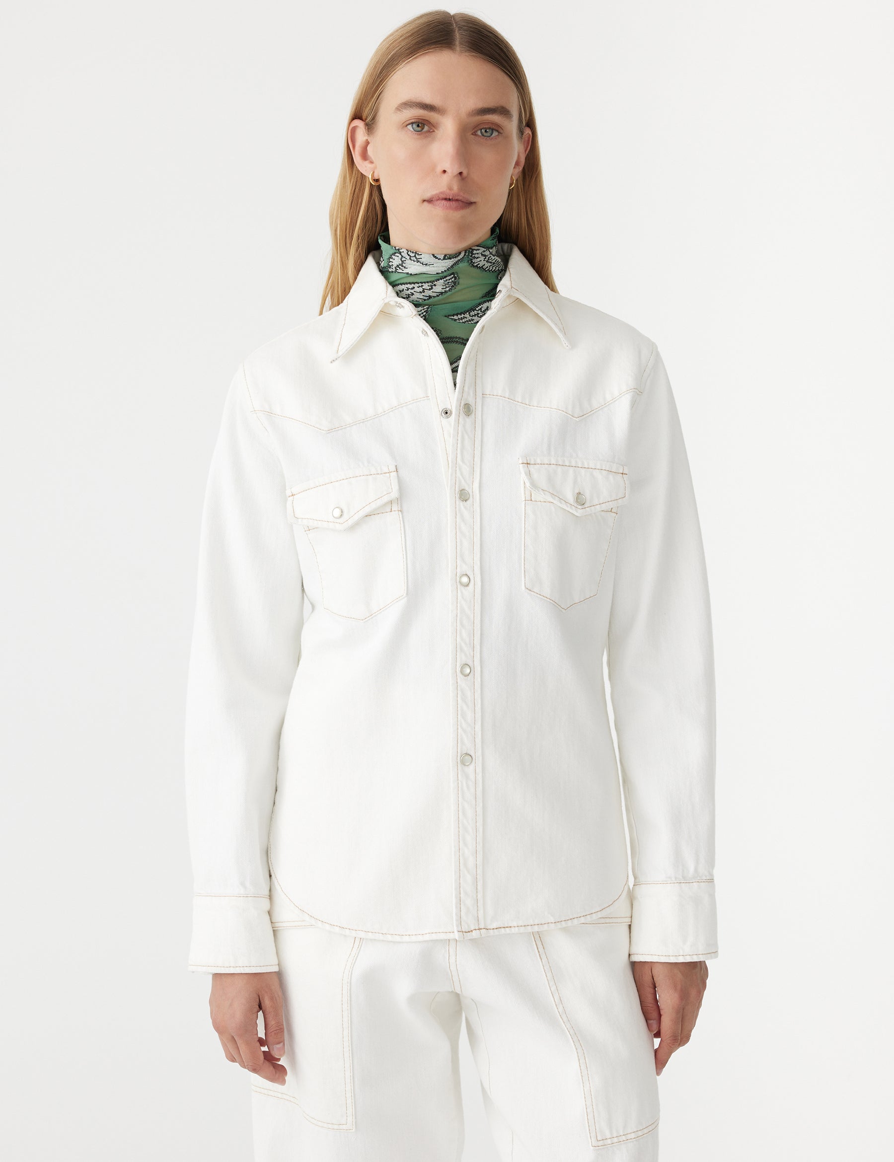 Denim Darted Western Shirt in White