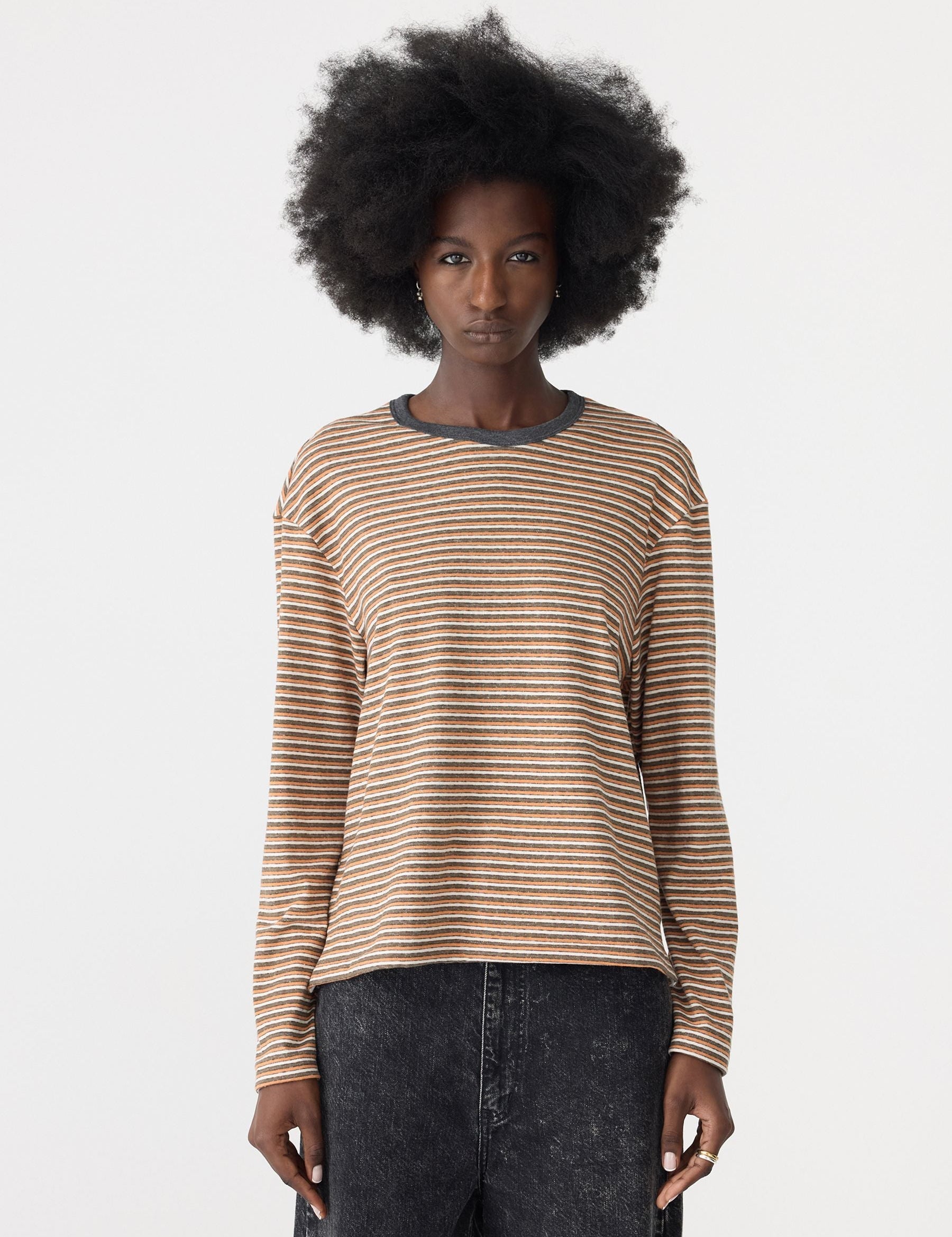 Vintage Stripe L/S Heritage T-Shirt in Orange/Charcoal/White Bassike