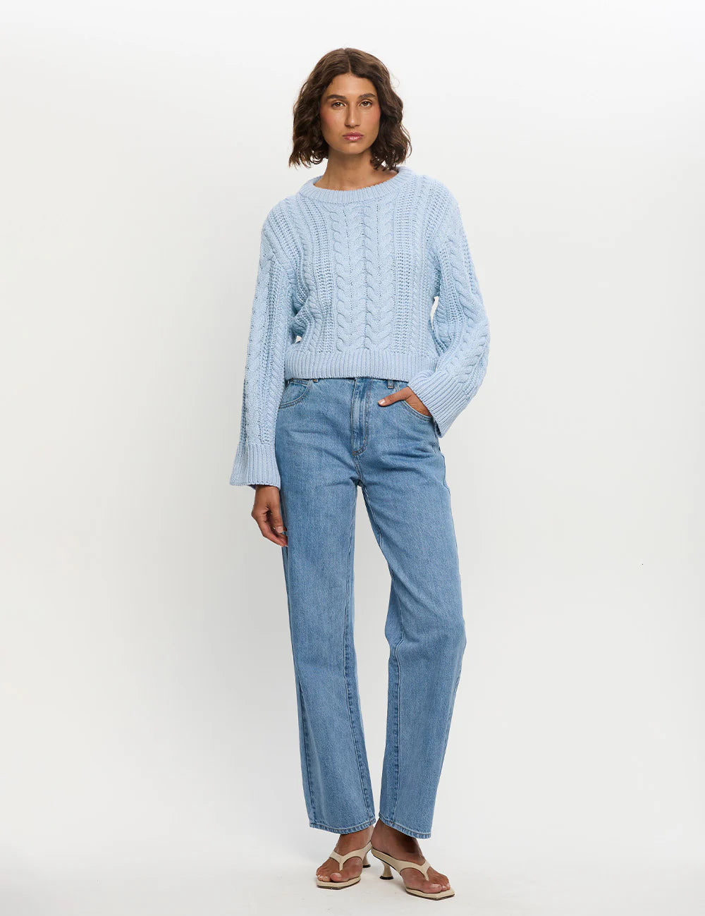 Cable knit sweater in blue by kivari at cloth lifestyle 