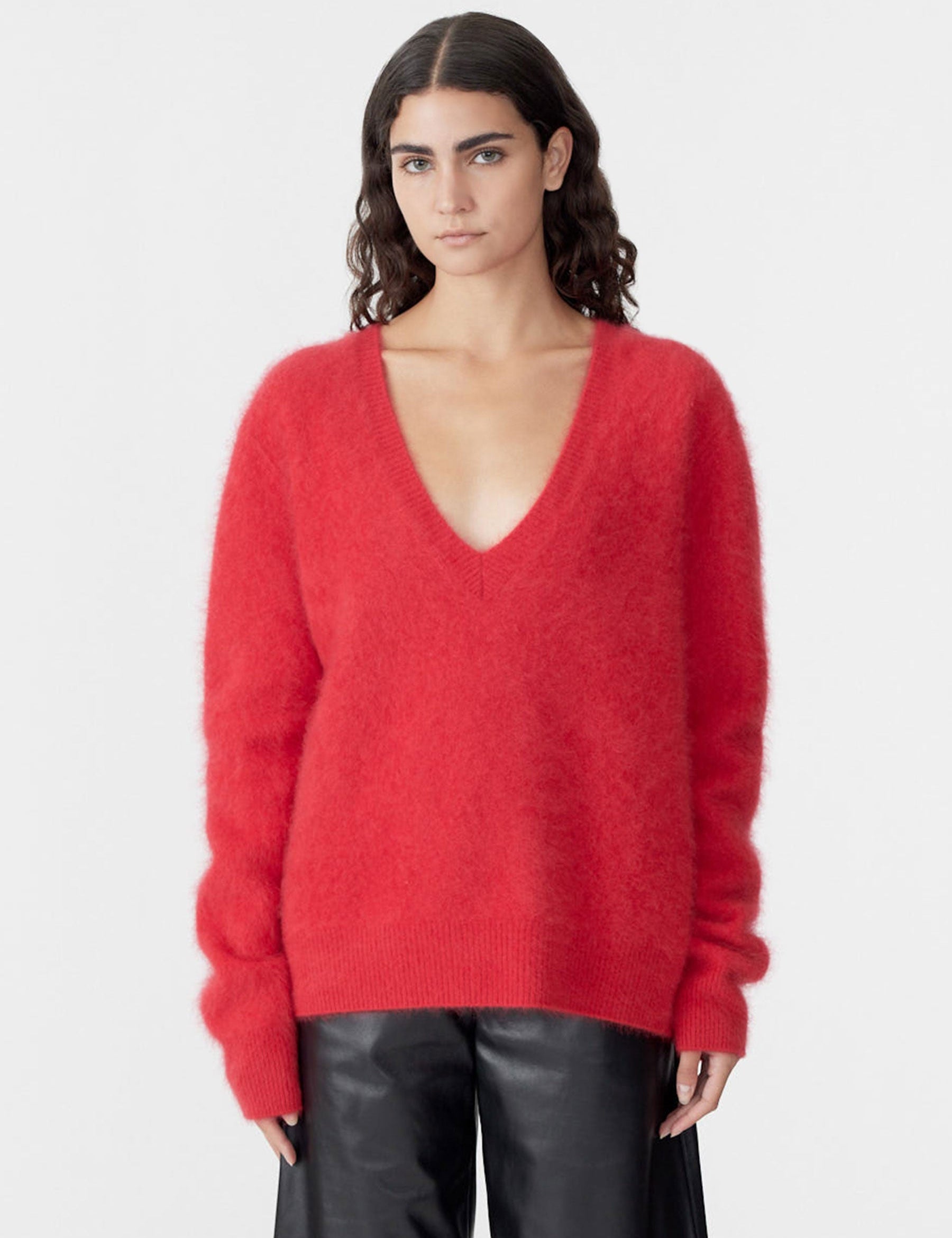 Deep V Textured Knit in Red BASSIKE