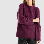 Lady with plum jumper round neck ena pelly at clothlifestyle boutique