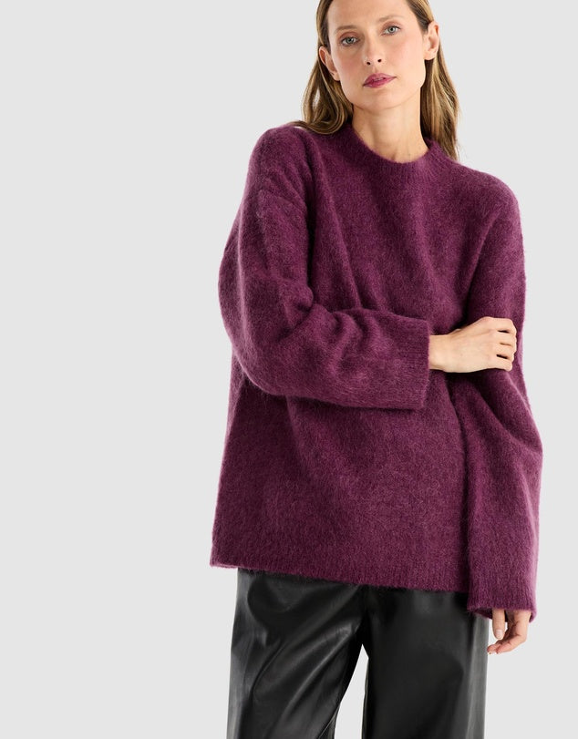 Lady with plum jumper round neck ena pelly at clothlifestyle boutique