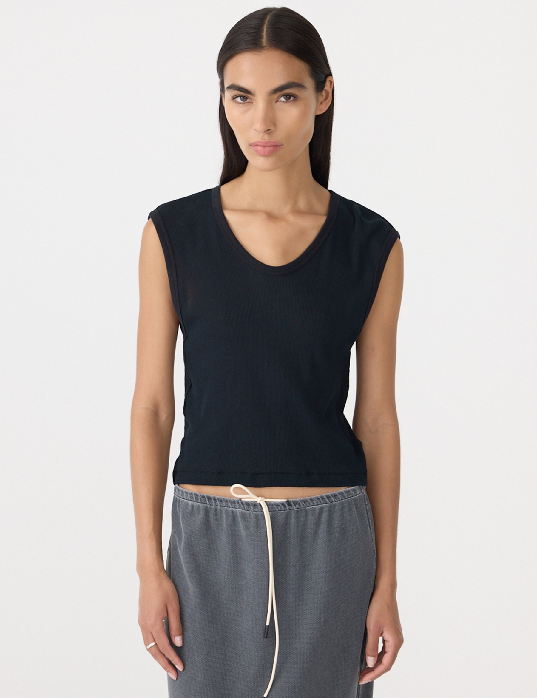 Sheer Rib V Neck Muscle Tank Bassike