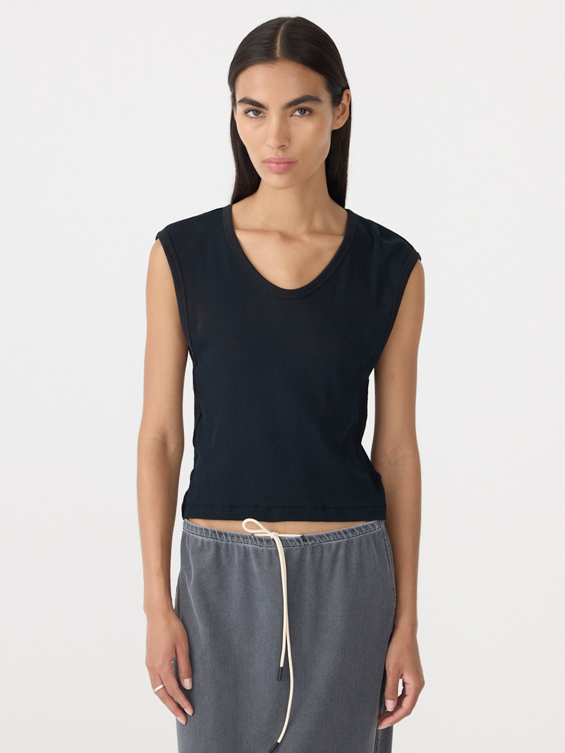 Sheer Rib V Neck Muscle Tank Bassike