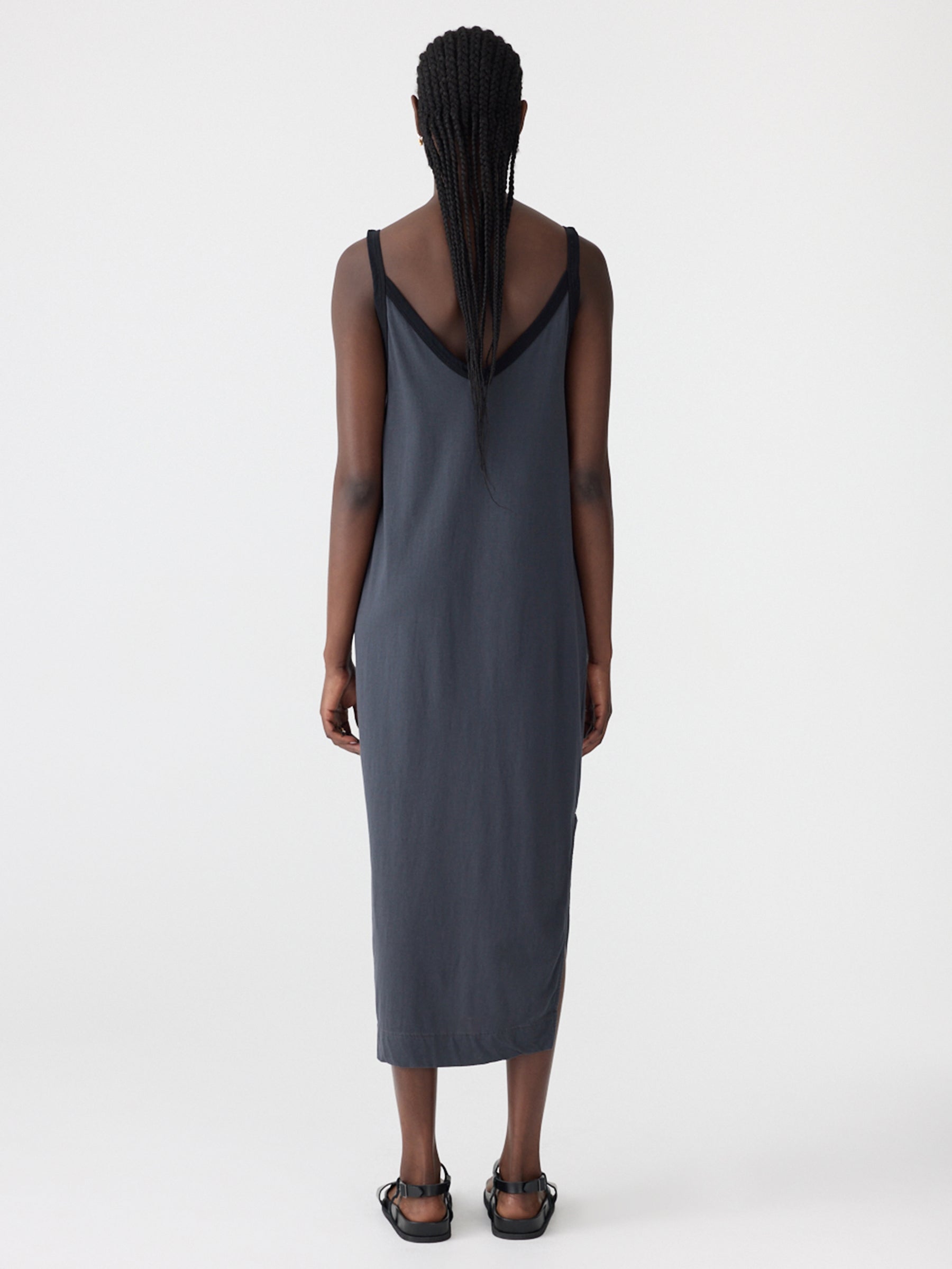 Contrast V- Neck Slip Dress in Black Bassike