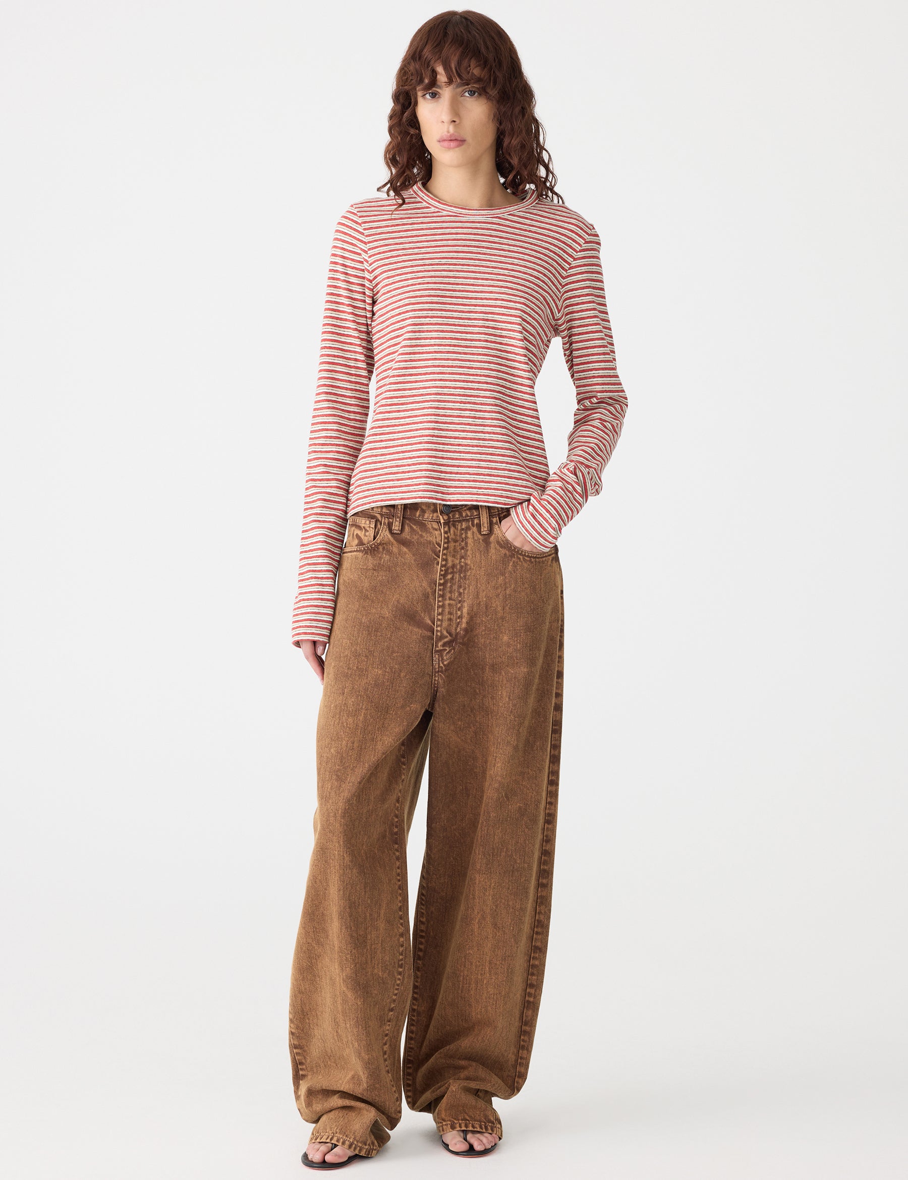 Stripe top with brown pants bassike clothlifestyle boutique 