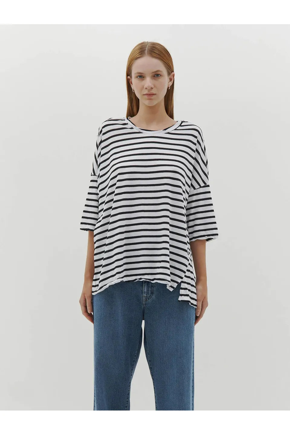 Stripe Slouch Short Sleeve T-shirt in Black + Undyed by Bassike