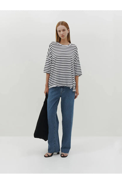 Stripe Slouch Short Sleeve T-shirt in Black + Undyed by Bassike