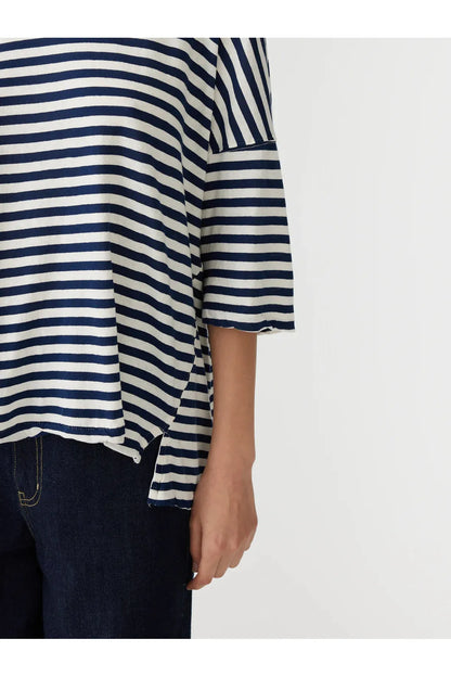 Stripe Side Step Short Sleeve Tshirt in Navy/Undyed by Bassike