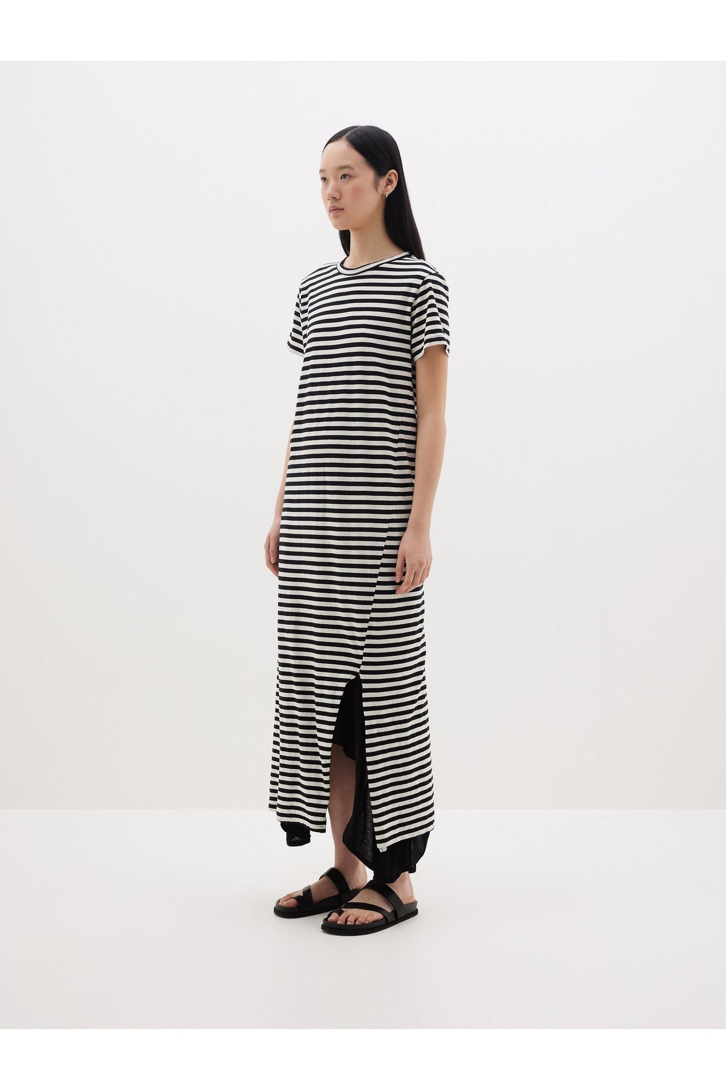 Stripe Heritage Short Sleeve T-shirt Dress in Black / Undyed by Bassike