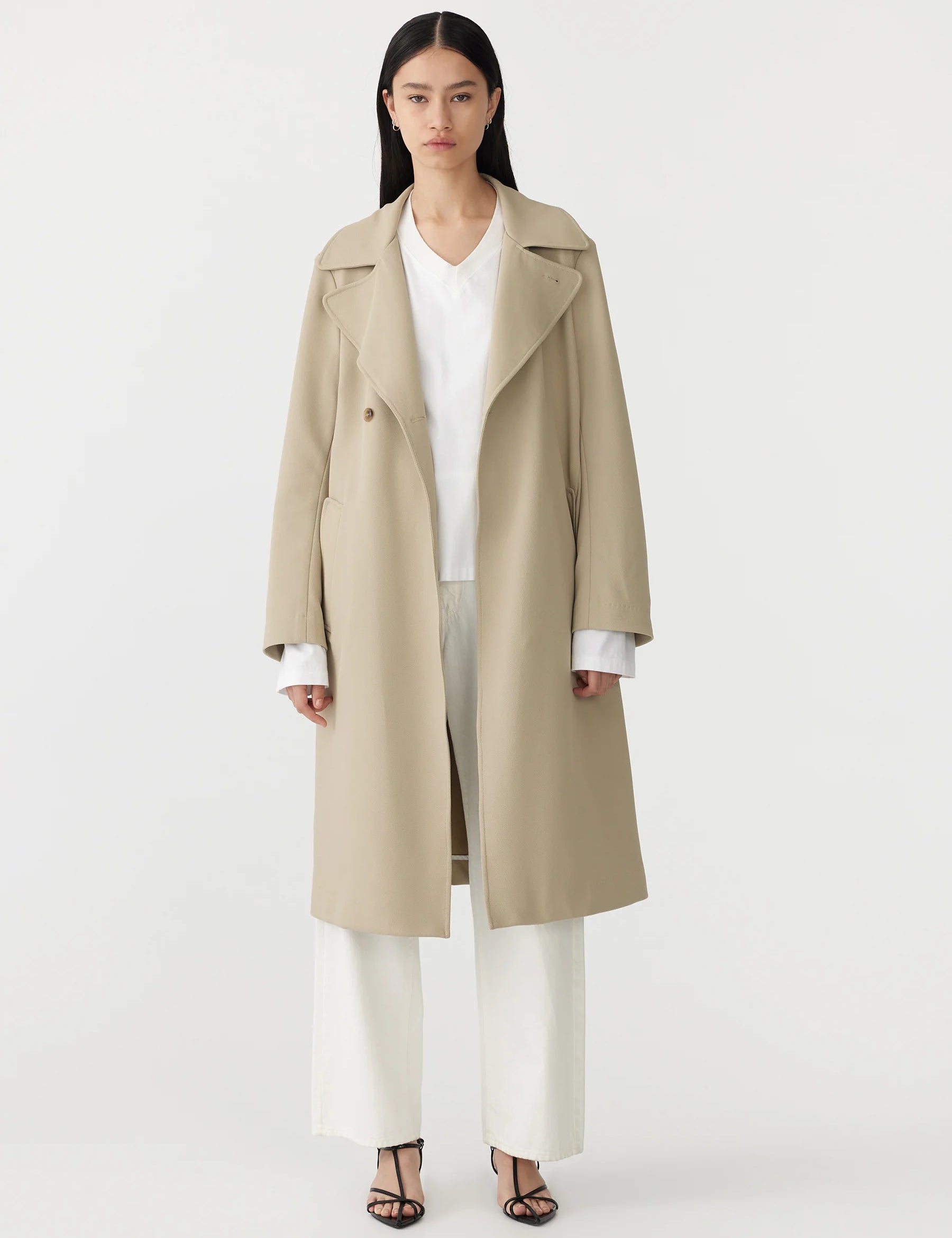 stretch twill coat in light tan