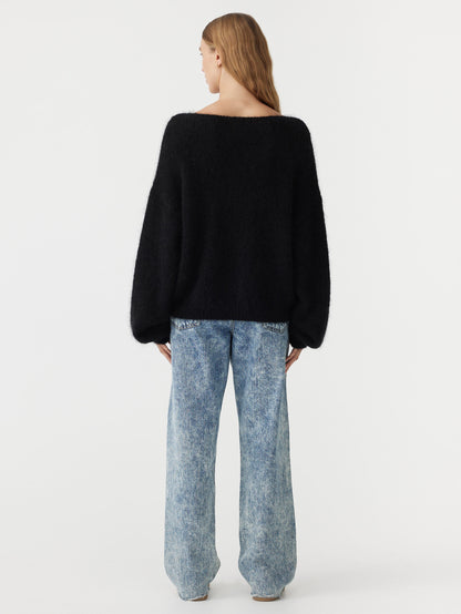 Boxy Mohair Boatneck Knit in Black