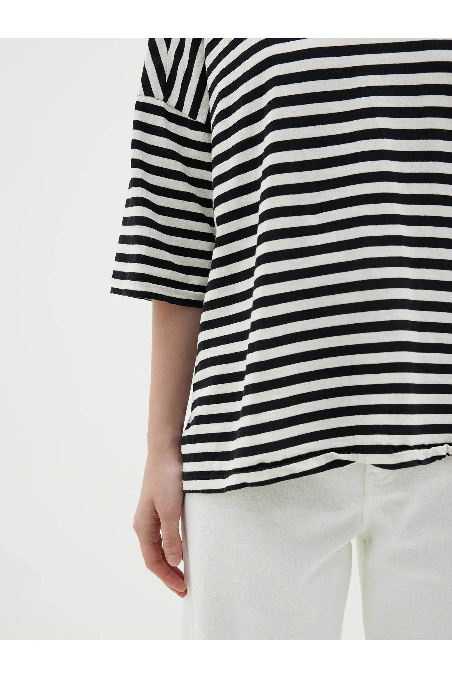 Stripe Slouch Short Sleeve T-shirt in Black / Undyed w/ Blue Neckline by Bassike