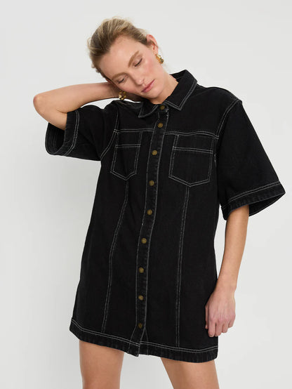 Rowyn Denim Shirt Dress in Black