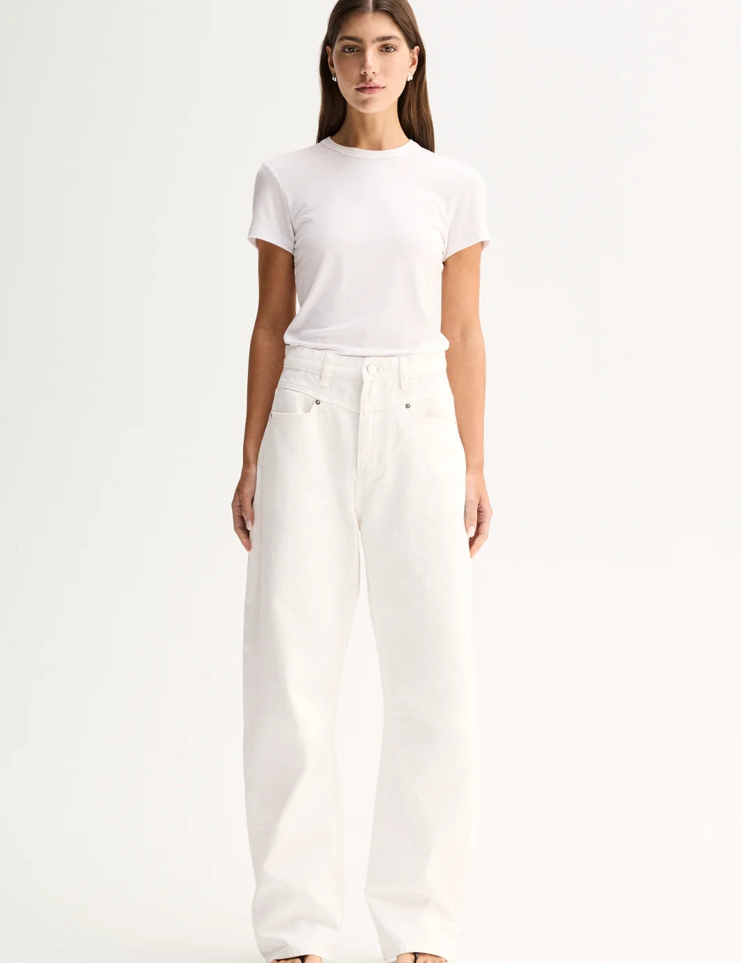 Elka Collective Bonnie Tee in white, featuring a fitted silhouette, classic bound neckline and soft lyocell-blend fabric.