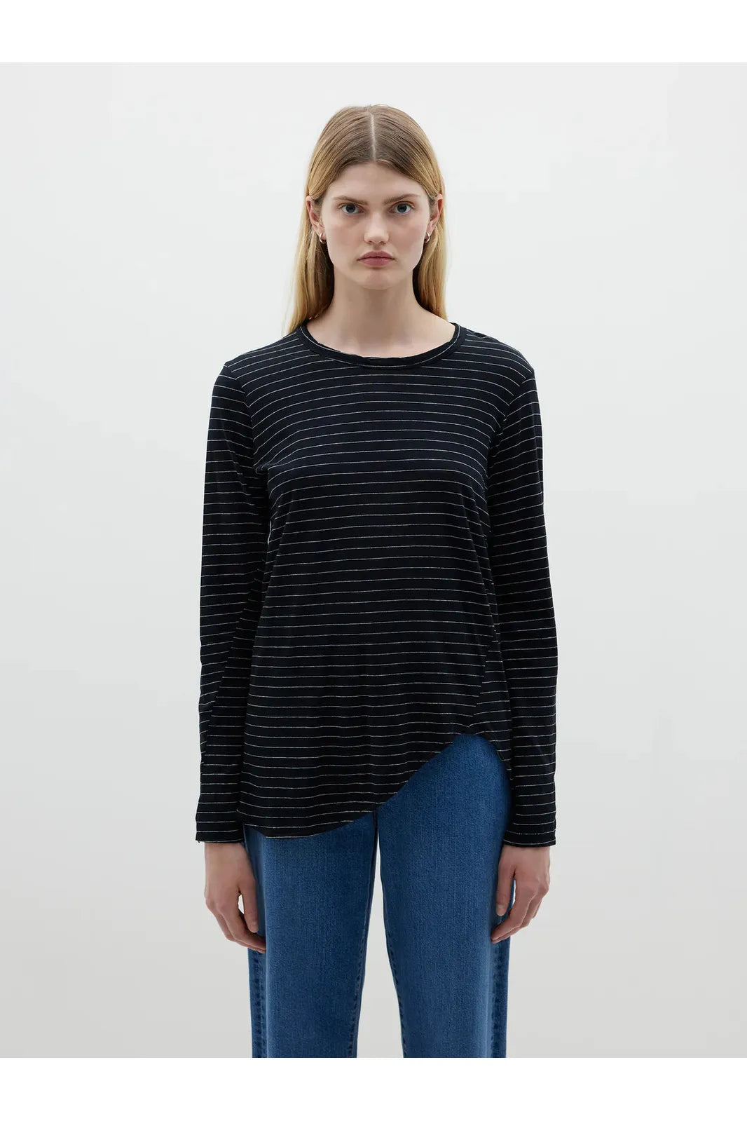 Stripe Scoop Hem Long Sleeve T-shirt in Black / White by Bassike
