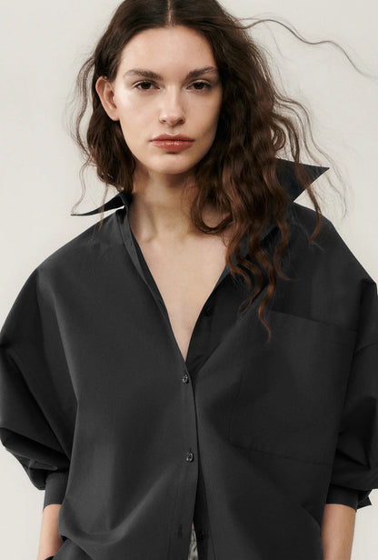 Cotton Silk Round Shirt in Black by Silk Laundry