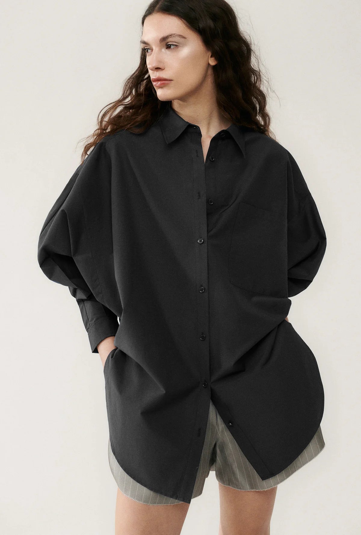 Cotton Silk Round Shirt in Black by Silk Laundry