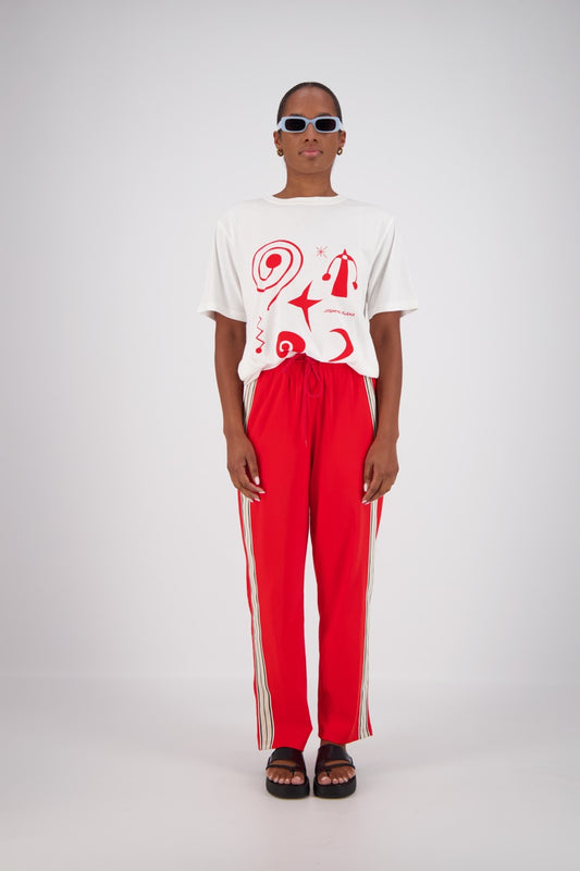 Red  with white stripe organic cotton trackpant.Organic and sustainable cotton